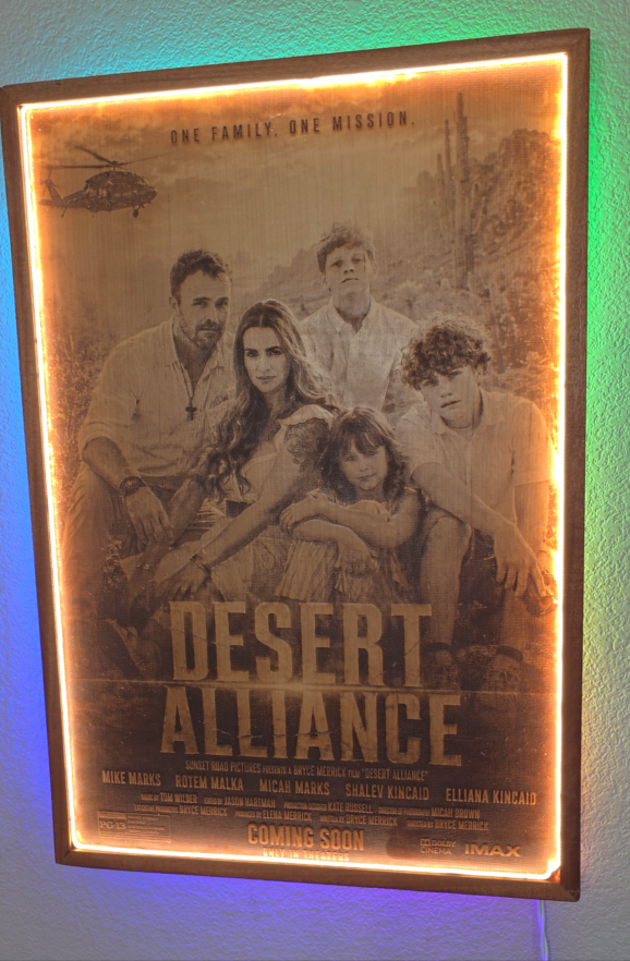 Custom Family Movie Poster Engraving with LED Lighting & Mahogany Frame