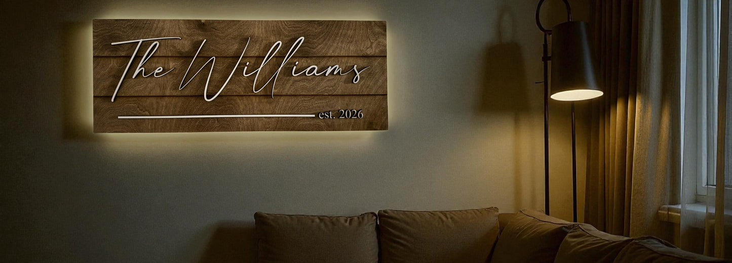 Custom Back-Lit Family Name Sign – ¼" Maple Wood, Dark Walnut Stain, White Overlay Text