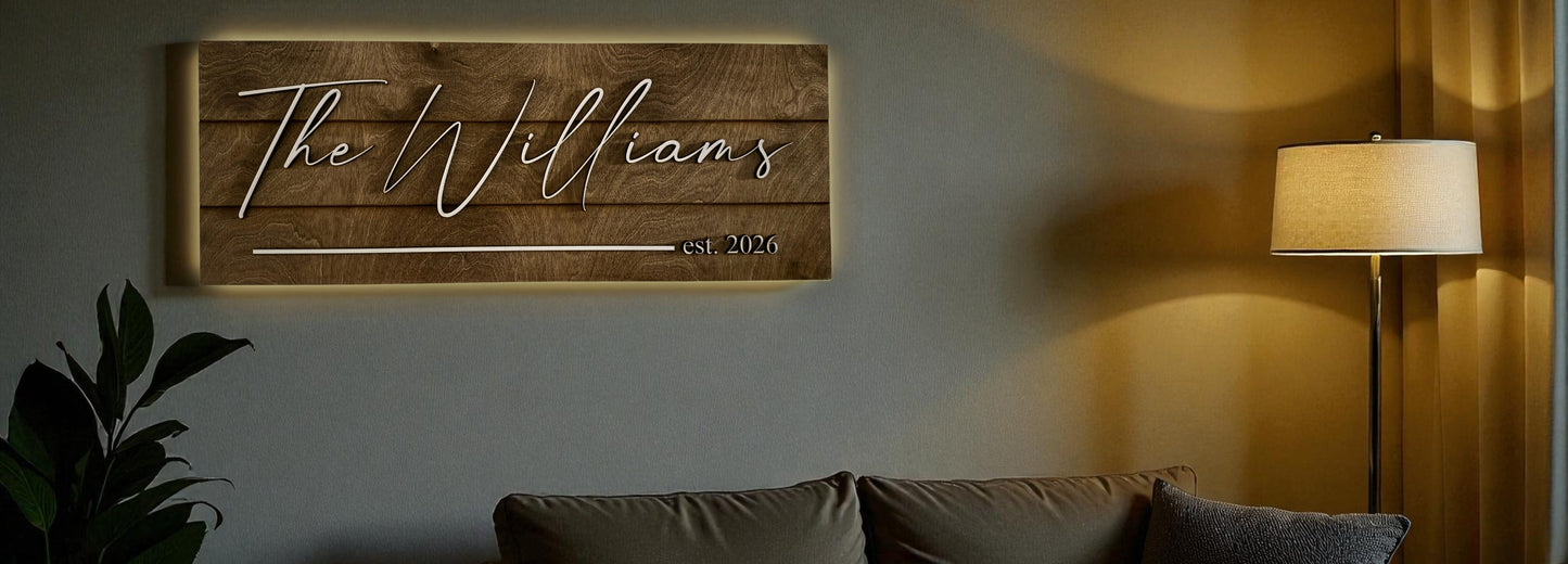 Custom Back-Lit Family Name Sign – ¼" Maple Wood, Dark Walnut Stain, White Overlay Text