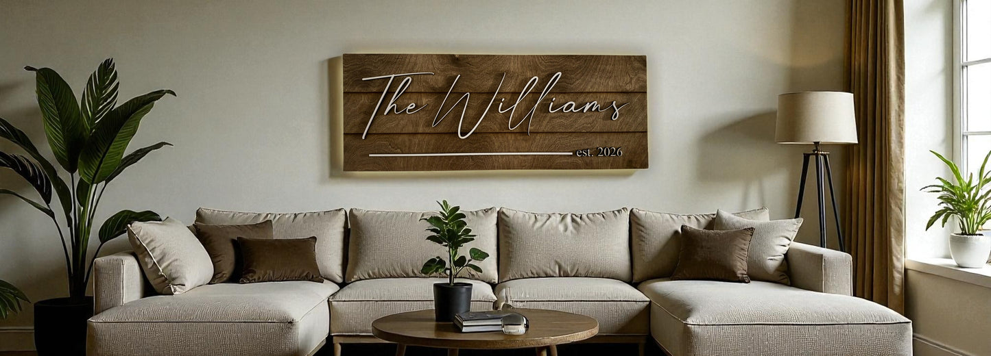 Custom Back-Lit Family Name Sign – ¼" Maple Wood, Dark Walnut Stain, White Overlay Text