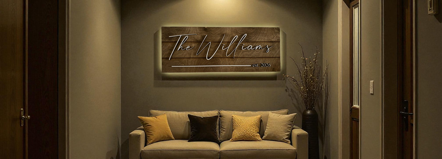 Custom Back-Lit Family Name Sign – ¼" Maple Wood, Dark Walnut Stain, White Overlay Text
