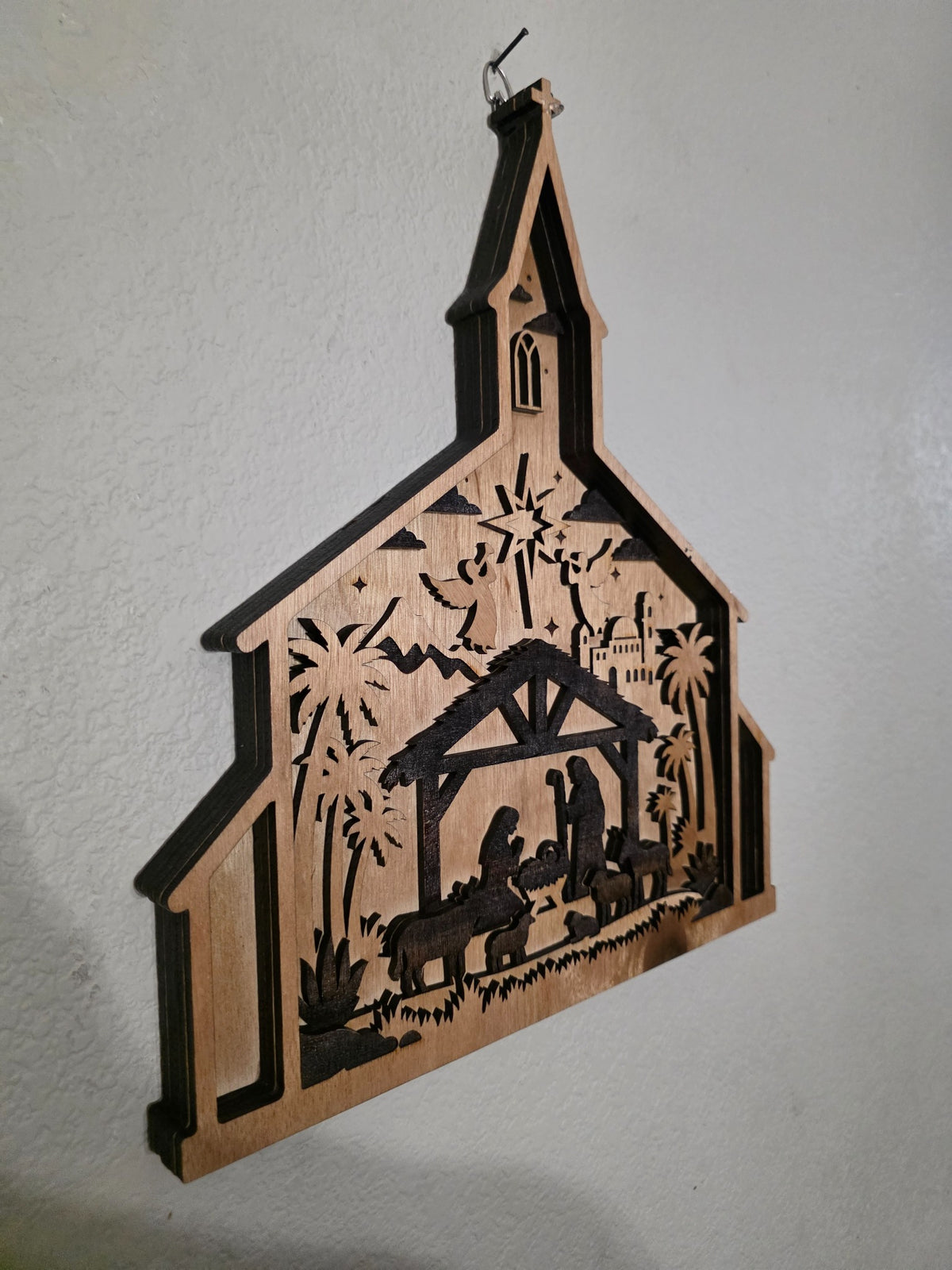 Left angle of church nativity layered wood Christmas wall art