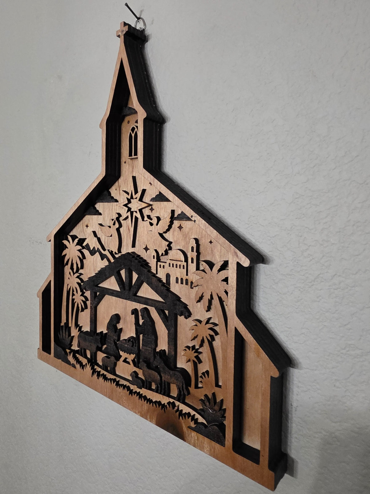 Right angle of church nativity layered wood Christmas wall art
