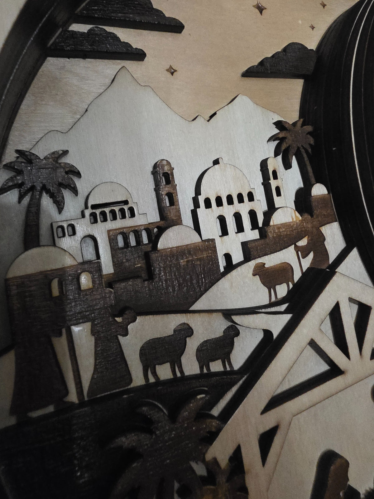 Bethlehem city detail on crescent moon nativity layered wood wall art