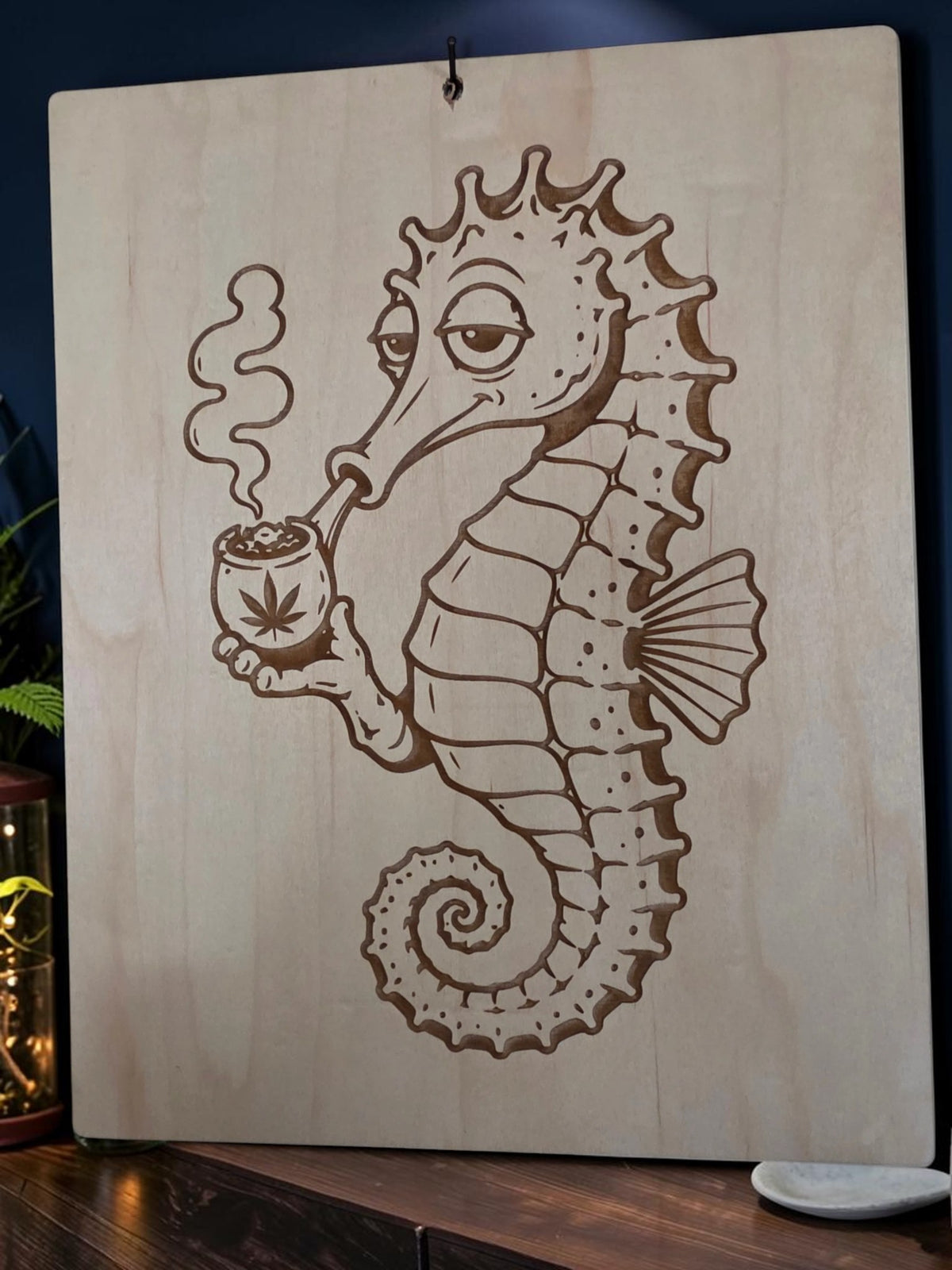Chill Seahorse Smoking – 11" x 17" Engraved Maple 420 Wall Art