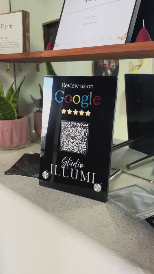 Premium 8″ × 11″ Cast Acrylic “Google Reviews” Sign with Brushed Stainless Steel Legs — Custom Logo & QR Code