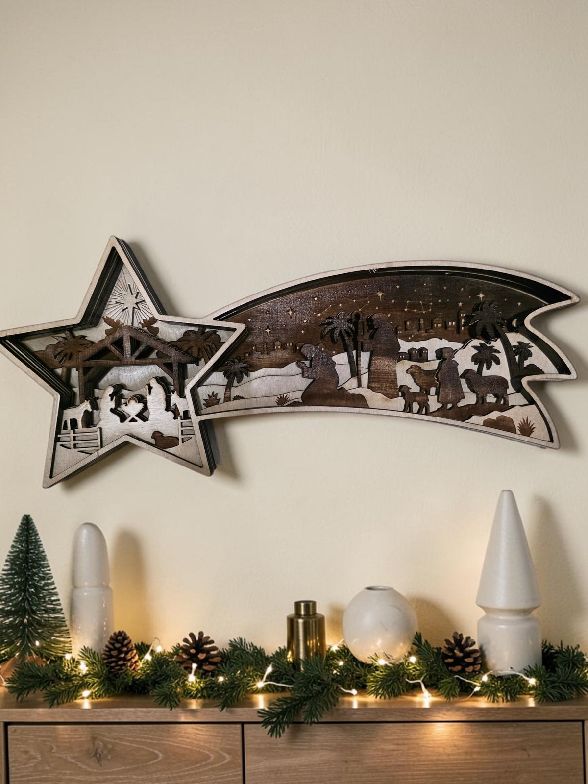 Shooting star nativity layered wood Christmas wall art