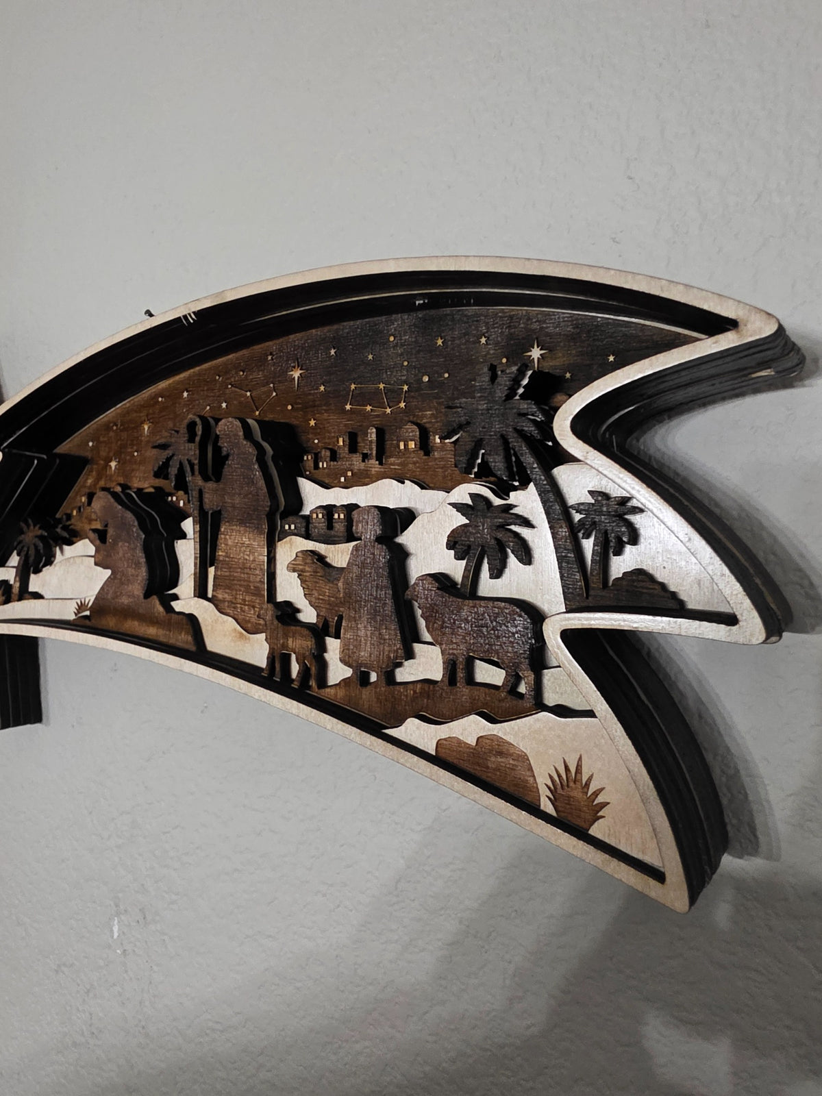 Wise men detail on shooting star nativity layered wood wall art