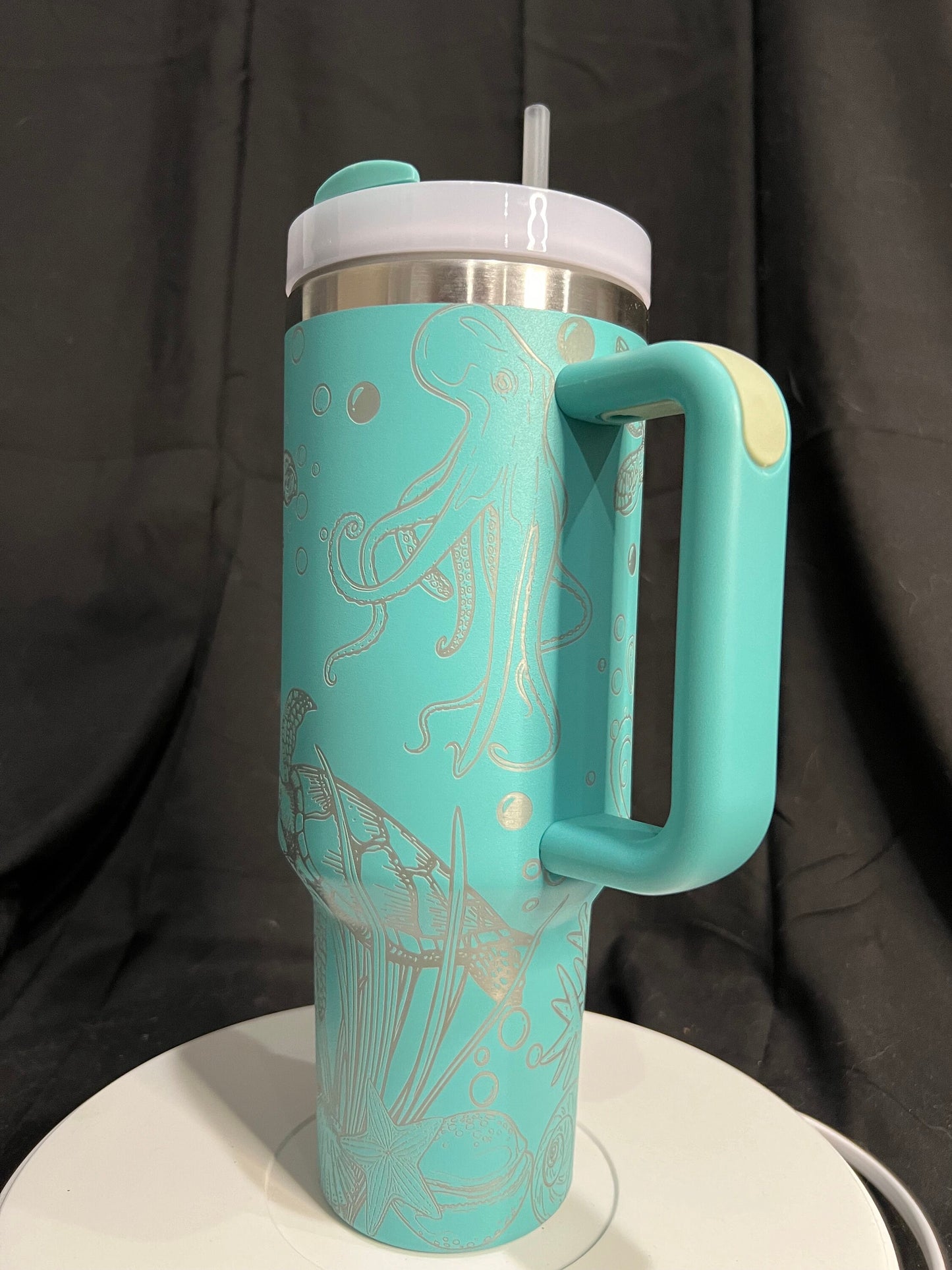 Aquatic Underwater Scene Octopus Turtles Laser Engraved 40oz Teal Tumbler with Handle, FREE SHIPPING!